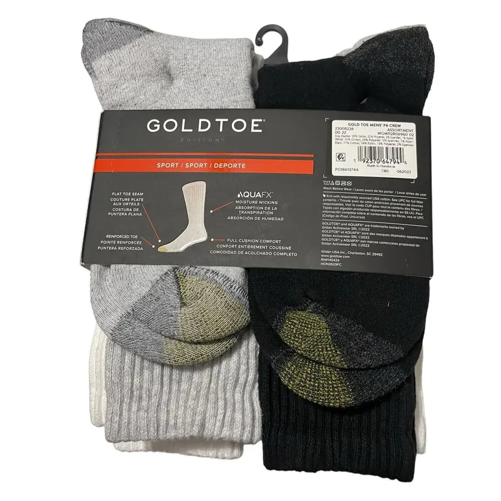 Gold Toe Goldtoe Mens Shoe Size 6-12.5 Cotton Sport Crew Socks 6 Pack AquaFX